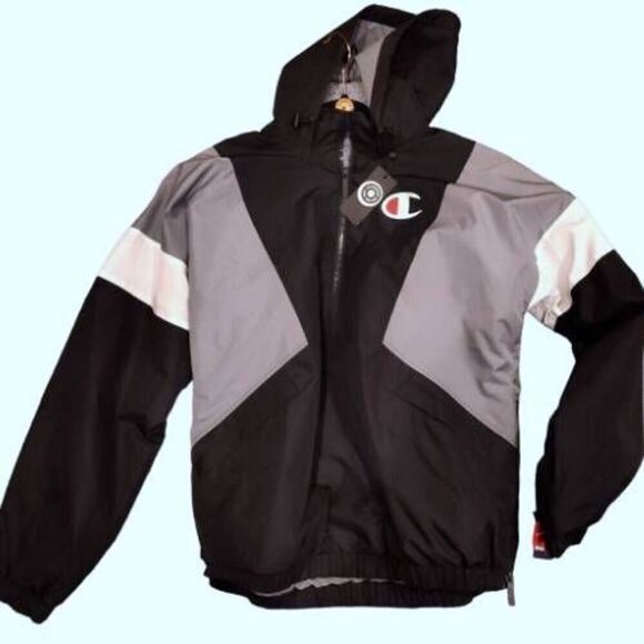 CHAMPION HOODED WIND JACKET BLACK & GREY BRAND NEW WITH TAGS - Picture 1 of 5